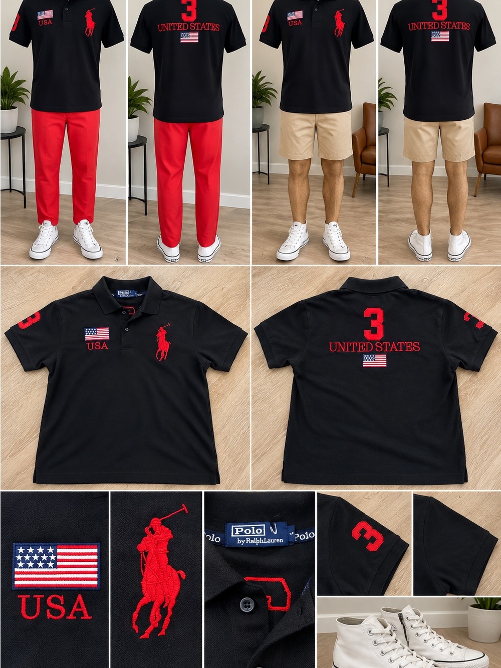 Polo by Ralph Lauren Black Polo Shirt with Red USA Embroidery